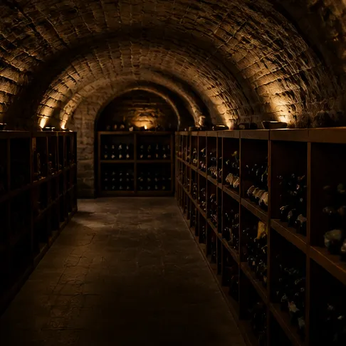 Bodega abovedada de ladrillo con botelleros de madera en penumbra