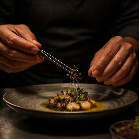 Manos de cocinero emplatando con pinzas unas hojas tiernas sobre un plato de cerámica gris