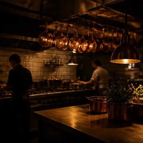 Cocina profesional en penumbra con cazos de cobre colgados y cocineros trabajando al fondo