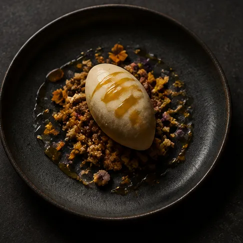 Postre de autor: helado con miel, crujiente y flores comestibles sobre plato negro