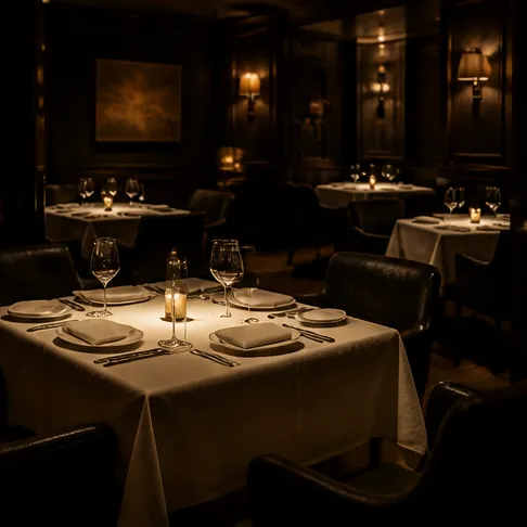 Comedor íntimo con mesas vestidas de lino, copas y velas encendidas